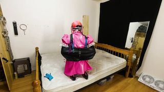 Sissy Maid Self Restrain Bondage Armbinder in V-Card, Corset Gag with Monstrous Black Fuck Stick Locked in Booty