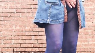 Crossdressed Outdoors fondling and sensing myself in my nylon tights leotard and mini micro-skirt