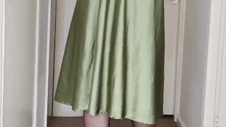 Sizzling crossdresser green satin slide sundress
