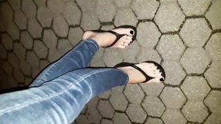 stellar crossdresser flashes off her awesome soles in platform roll flops on a night walk