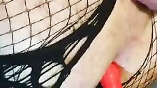 The Sweetest Sissy Femboy in Iron Virginity and fucktoys Boypussy with Buttfuck BIG BLACK COCK Black Fake Penis in underwear fishnets