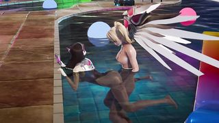 Dva is humped by the futa grace at the pool soiree with her oily figure well doused by the pool water