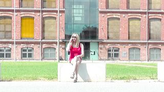 Crimson Mini-Sundress and High High-Heeled Slippers - Crossdresser in public