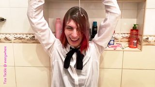 Tina Tackle loving some lotion have fun in a asian college bikini