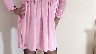 Super-Steamy encaged sissy crossdresser in rosy sissy sundress