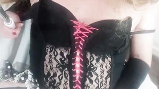 Crossdresser fapping in black undergarments