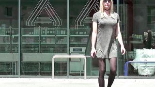 Crossdresser heads outdoors, City walk