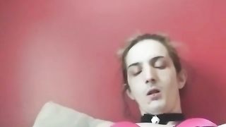 Collared sissy in undergarments wanks off with bound nutsack