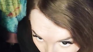 Pretty trans female guzzles van driver jism