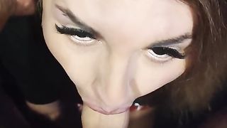 Pretty trans female guzzles van driver jism