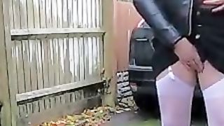 Inexperienced Crossdresser Kellycd2022 mind-blowing cougar jacking outdoors stocking shoes jizz shot in undies public driveway