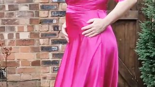 Super Hot sissy crossdresser outdoors in total length steaming rosy satin