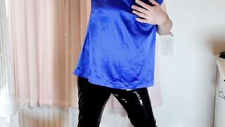 Uber-Sexy crossdresser satin half-top and vinyl stretch pants steaming