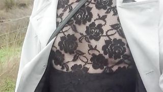 Crossdresser takes a walk on a windy lane