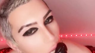 Luxurious femboy sissy plumbs three black faux-cocks and spunks