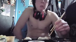 Obese Shemale Gobbling Sushi