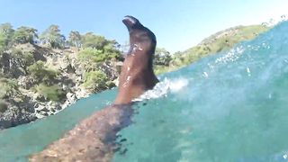 nylondelux in pantyhose crimson toes at the seaside