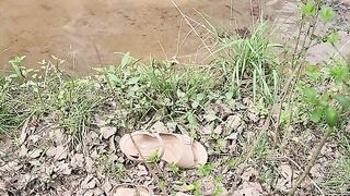 Outdoors in forest and flow crossdressed frolicking.