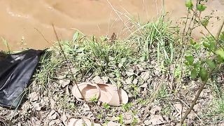 Outdoors in forest and flow crossdressed frolicking.