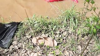 Outdoors in forest and flow crossdressed frolicking.