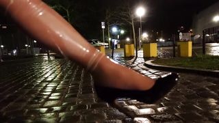 Crossdresser in spandex dirty gams with stomping in mudin park