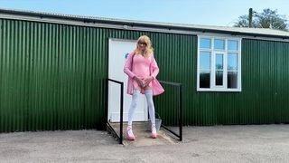 Pinkish vinyl Shemale Tugging and Nutting Outdoors