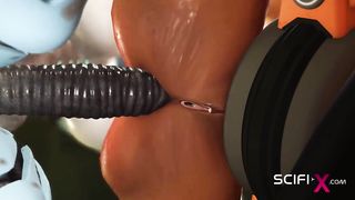 I just want your knob! Robot she-creature romps a spectacular handcuffed huge-boobed brown-haired in the sci-fi lab