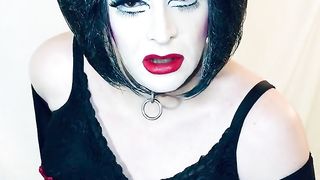 Mighty Make-Up Sissy Tramp Encaged and Prepared for Jizz-Shotgun!