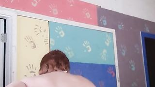 Pinkish leather jacket and rosy g-string.