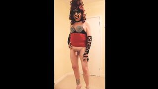 Beown haired slut in red studded dress