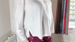 Red-Hot crossdresser vinyl trousers and satin half-top