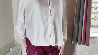 Red-Hot crossdresser vinyl trousers and satin half-top