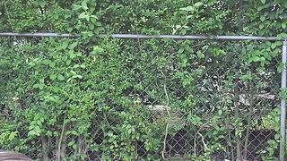 Fag CD outdoors in fresh stocking leotard microskirt. Rubbing self and pounding a compost lot.