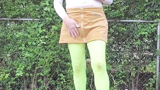 Fag CD outdoors in fresh stocking leotard microskirt. Rubbing self and pounding a compost lot.