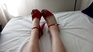 naughty COUGAR translady converses in her splendid voice and flashes off her crimson painted toes in her beloved crimson high high-heeled shoes