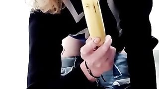 Trans female jizzes mitts free-for-all deep mouths banana