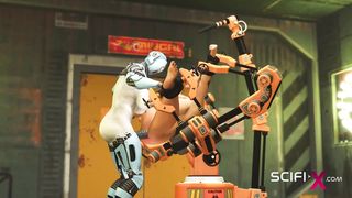 I just want your penis! Lady robot ladyboy screws a glorious handcuffed chesty black-haired in the sci-fi lab