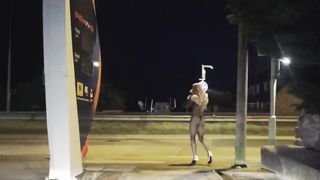 Transgirl ambling around petrol station and cumshoting
