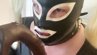 Shackled sissy super-bitch deep throating BIG BLACK COCK