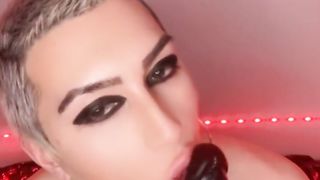 Fabulous femboy in bodystocking and high-heeled shoes makes use of his three set faux-cock and frigs