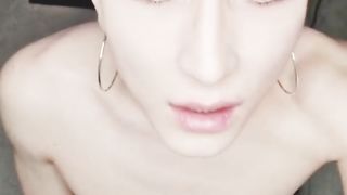 Femboy in denim cut-offs and sloppy soles pummels semi-transparent fleshlight