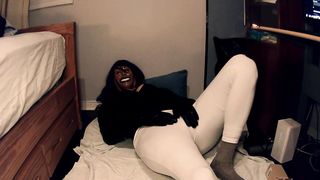 Purple Sheli Pt3! Hooded female groping her love glove vulva under her cock-squeezing white yoga trousers!