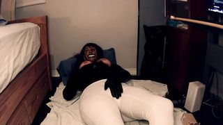 Purple Sheli Pt3! Hooded female groping her love glove vulva under her cock-squeezing white yoga trousers!