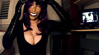 Purple Sheli Pt2! Dual hooded female puts on her leather mittens and plays with her enormous protection hooters!