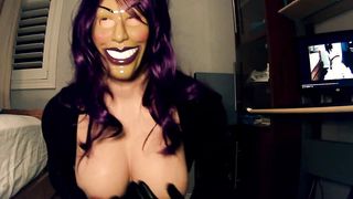 Purple Sheli Pt2! Dual hooded female puts on her leather mittens and plays with her enormous protection hooters!