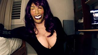 Purple Sheli Pt2! Dual hooded female puts on her leather mittens and plays with her enormous protection hooters!