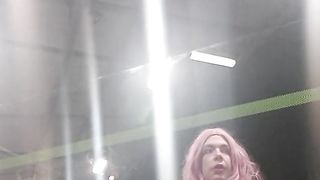 She-Male sitting on the teach station in stocking at night and waiting for the instruct