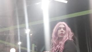 She-Male sitting on the teach station in stocking at night and waiting for the instruct