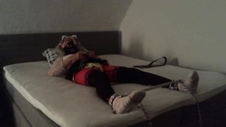 Sissy in chasity nappy restrain bondage timelock magic wand jizz