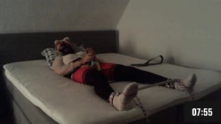 Sissy in chasity nappy restrain bondage timelock magic wand jizz
